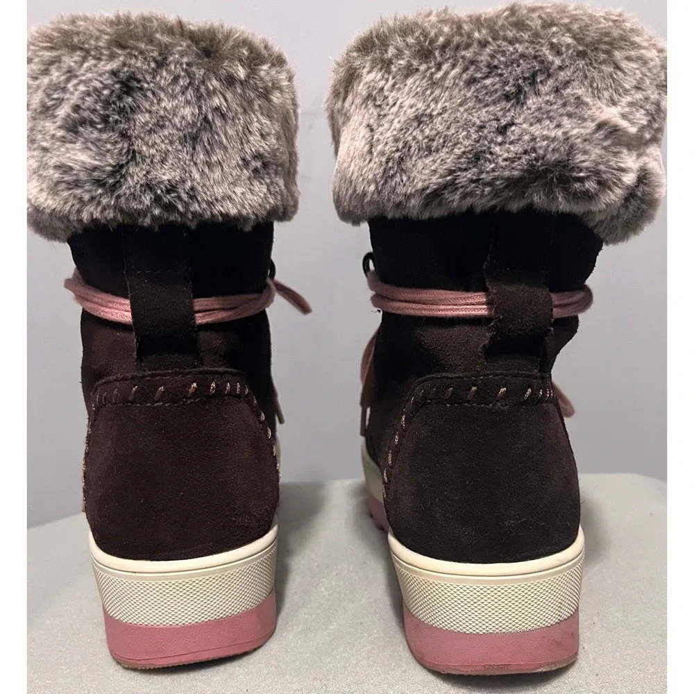 Cougar Women Vanetta Brown Suede Faux Fur Trim Winter Boots Pink Sawtooth Sole 8